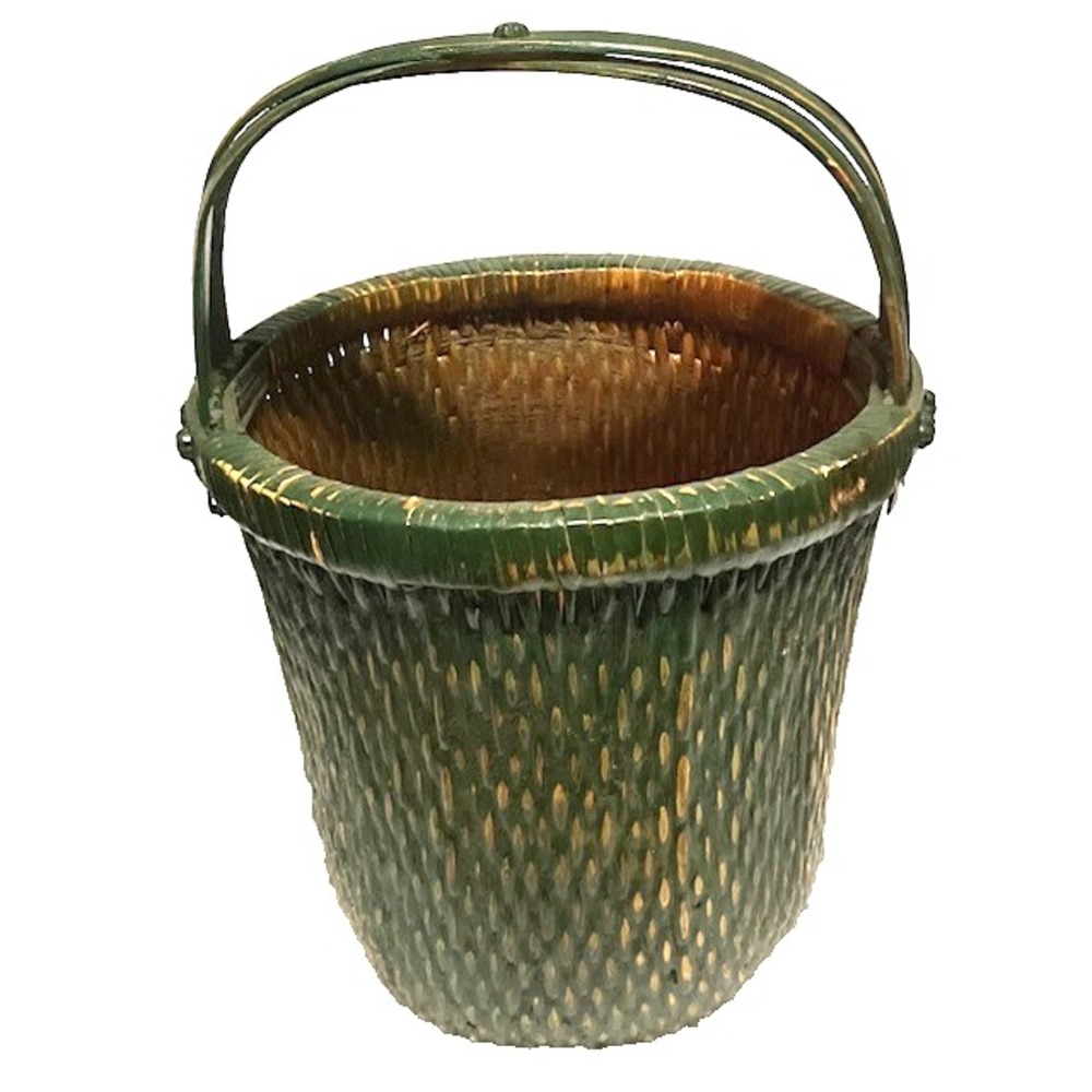 Vintage Large Antique Chinese Green Woven Rice Basket With Bent Bamboo Handles